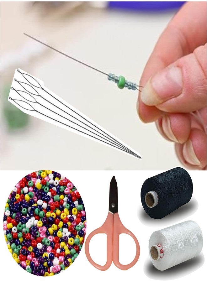 Domick 8 Pcs Stainless Steel Collapsible Eye Beading Needles 0.51MM, 12 No 51MM 4 Pcs Extra Long Beading Needle, 2.25 Inch Scissor 1 Pcs, 12 No Multicolor Beads 25 Grm, 2 Ply Nylon Thread 1000 Meter Black & White for Beading Jewellery and Craft Making, - Image 3